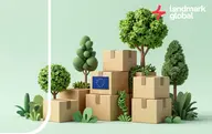 Cardboard parcels with an EU flag surrounded by trees and plants, illustrating sustainable e-commerce in Europe.