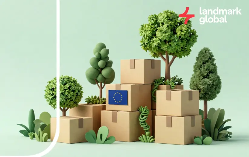 Cardboard parcels with an EU flag surrounded by trees and plants, illustrating sustainable e-commerce in Europe.